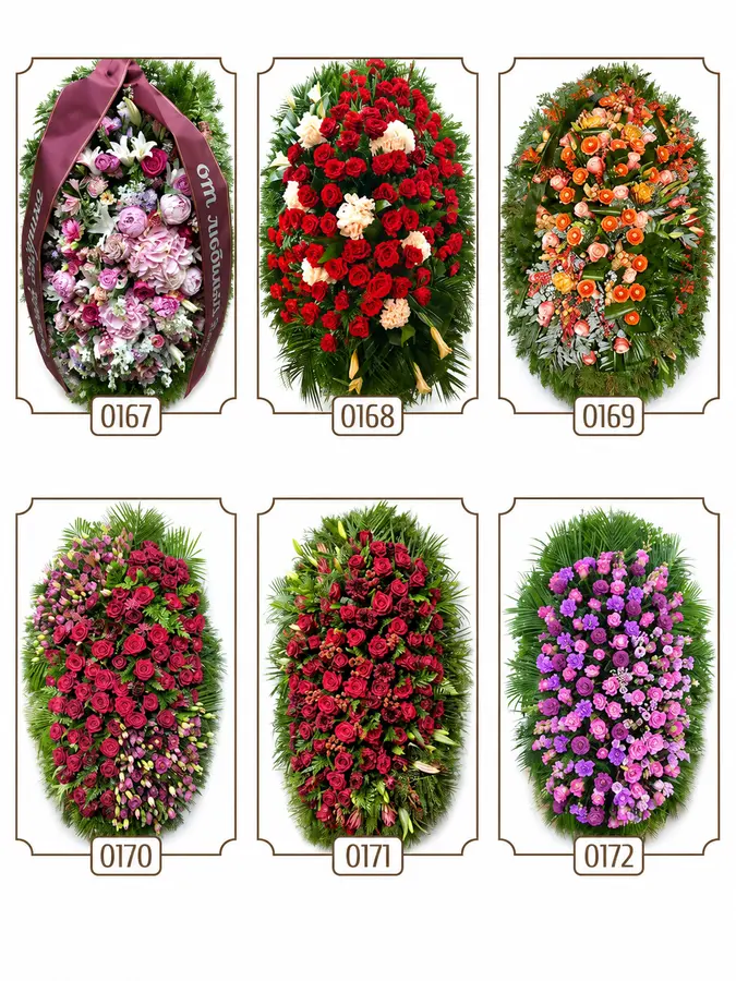 Каталог живых траурных венков с розовыми и красными цветами