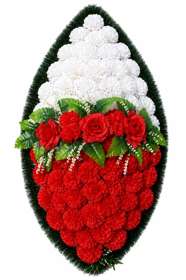 Венок траурный овальный красно-белый с розами