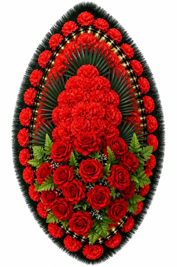 Траурный венок овальный красный с розами