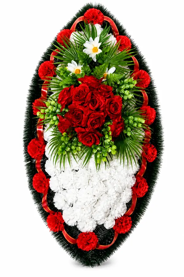 Траурный венок овальный красно-белый с ромашками