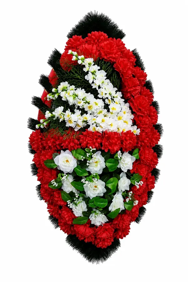 Траурный венок овальный красно-белый с диагональной композицией